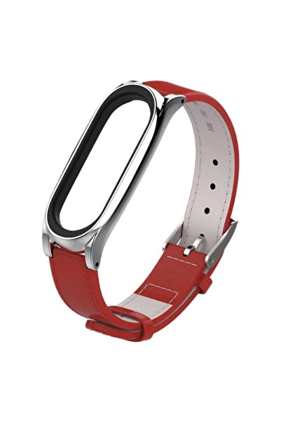 Ally Mobile Mijobs Xiaomi Mi Band 5-4 Pu Deri Kayış Kordon Kırmızı,gümüş