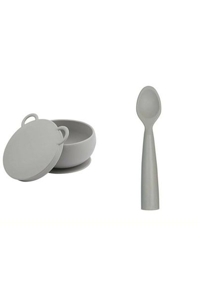 OiOi Set of 2 Gray Bowl with Lid Nam Nam Spoon