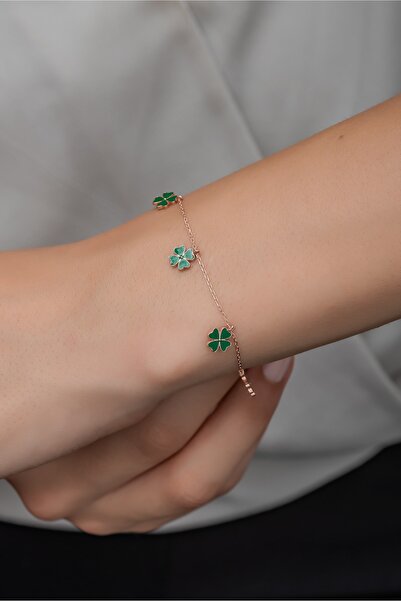 Nereze 925 Ayar Gümüş Yeşil Mineli Yonca Bileklik