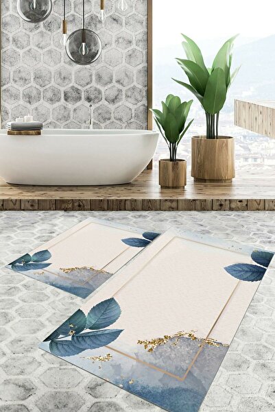Resmiro Mavi Yapraklı 2 Li Set Banyo Paspası Kaymaz Deri Tabanlı Klozet Takım...