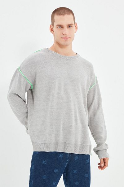 Trendyol Collection Grauer Oversize-Strickpullover für Herren – Rundhalsausschnitt – TMNAW22KZ0142