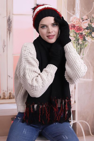 Deafox Set de mănuși cu eșarfă cu detaliu cu ciucuri negre