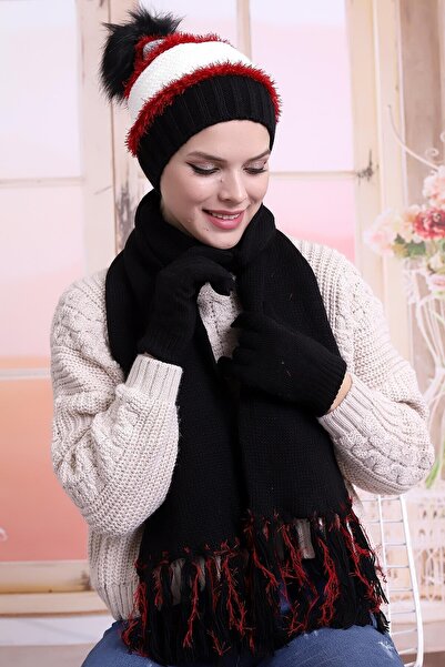 Deafox Black Tassel Detailed Scarf Beanie Gloves Set