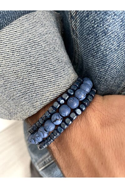 Ocean Blue Wooden Bracelet Set with Sea Blue Natural Stone