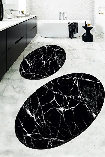 Resmiro Black Marble Siyah Beyaz Mermer 2li Yıkanabilir Klozet Takımı Banyo H...