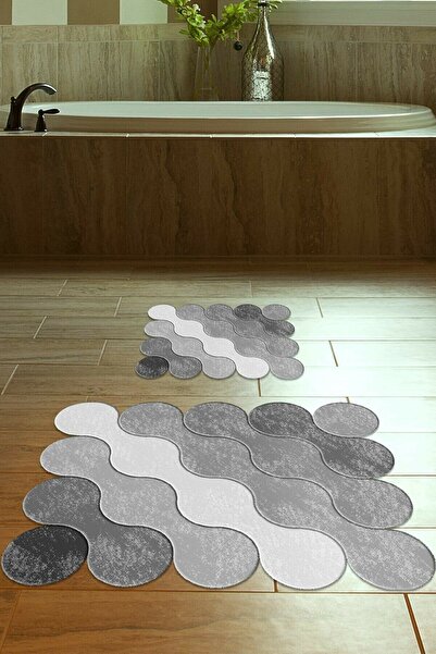 Resmiro 50x60 - 60x100 Grey Drop Dijital Banyo Paspası Lazer Kesim 2li Klozet...