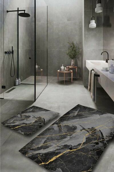 Resmiro Mermer Desen Gold Antrasit 2 Li Banyo Paspas
