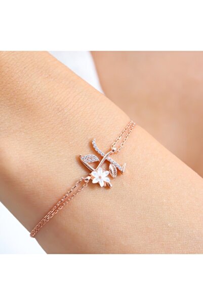 Mia Vento Işıltılı Manolya Çiçeği H Harfi Rose Renk Gümüş Harfli Bileklik