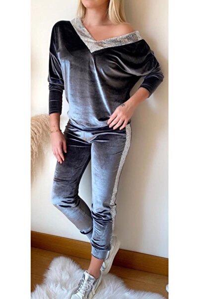 hilaltrendd Kadife Pul Payet Işlemeli Eşofman Takımı