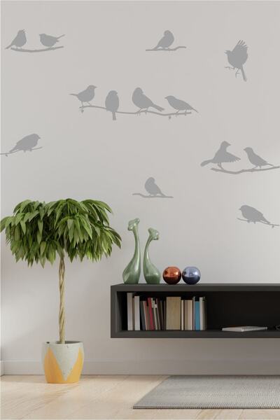 TRC TRAFİK Dalda Kuşlar Dekoratif Duvar Sticker Gri (8 Adet Figür)
