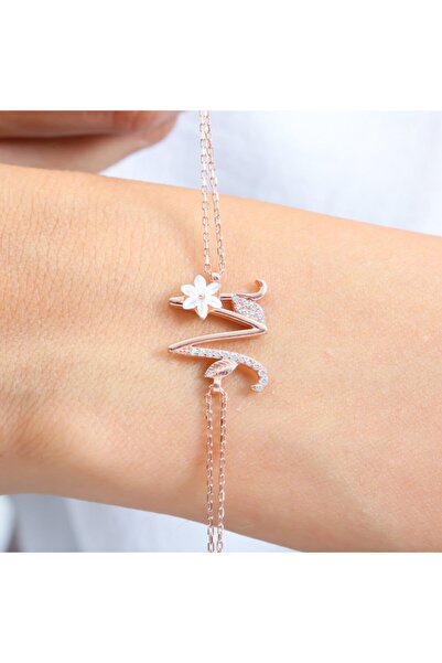 Mia Vento Işıltılı Manolya Çiçeği M Harfi Rose  Gümüş Harfli Bileklik