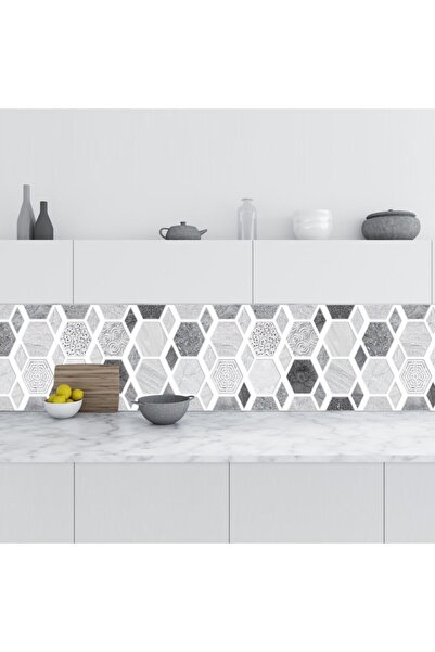 StickerArt Mutfak Tezgah Arası Folyo Fayans Kaplama Folyosu Altıgen Desen Gri 60x500 Cm