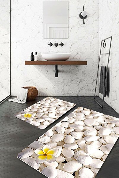 Resmiro Beyaz Taşlar-sarı Çiçek Banyo Paspası