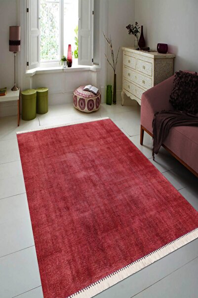 Modern home Kırmızı Püskül Detaylı Dijital Baskı Salon Halısı Yıkanabilir Kay...