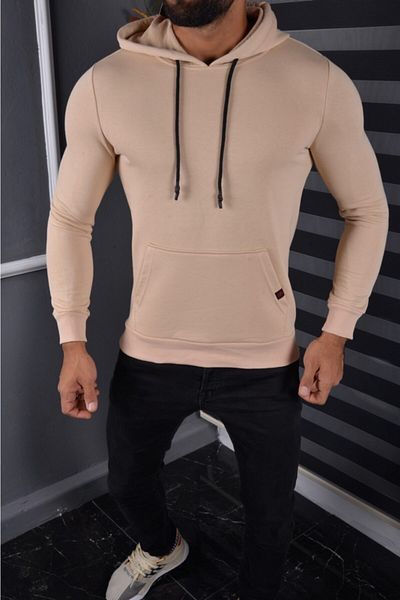 Tanzanit Men's Beige Hooded Unzippered Kangaroo Pocket Quality and Stylish Sweatshirt Autumn Winter