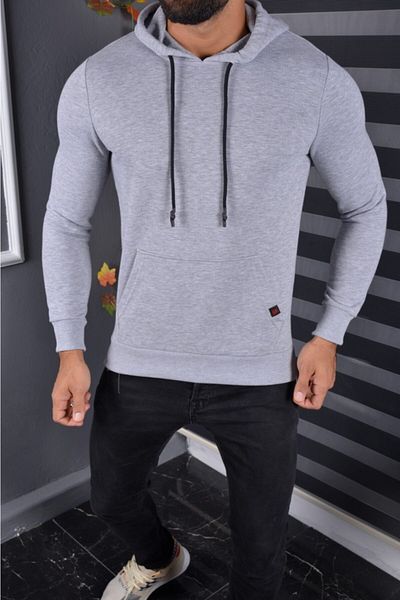 Tanzanit Men's Gray Hooded Unzippered Kangaroo Pocket Quality and Stylish Sweatshirt Autumn Winter