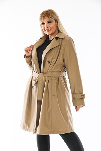 Bigart Plus Size Camel Double Breasted Trench Coat with Plaid Lining Detail