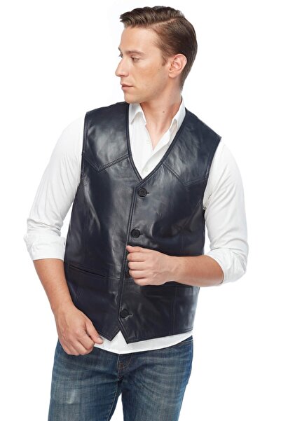 Deriza Ανδρικό γιλέκο από γνήσιο δέρμα Navy Blue