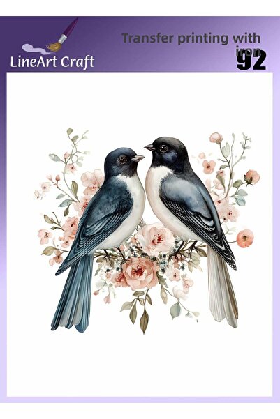 LİNEART Floral Bird Pattern Iron-On Transfer Printing & Fabric Transfer No:Km...