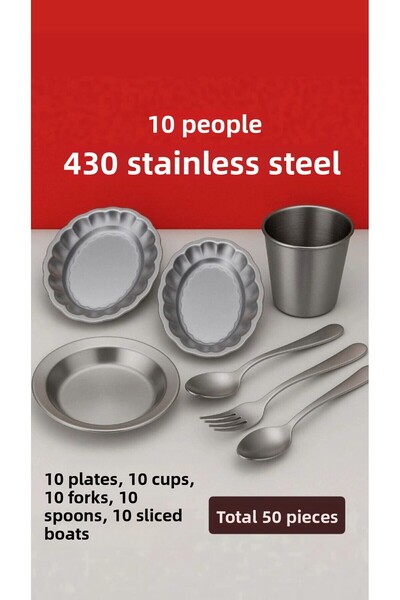 Metler طقم نزهة للتخييم من الفولاذ المقاوم للصدأ لـ 10 أشخاص |   صحن، شوكة، م...