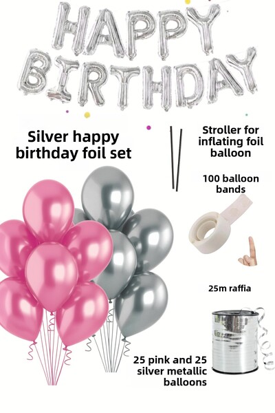 Baloncu Nene Happy Birthday Foil Set Pink Silver Balloon Party Birthday Decoration Set