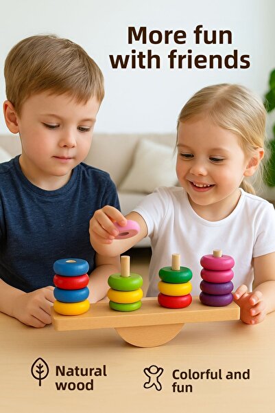 TOYFEST Wooden Balance Game – Educational Motor Skill and Coordination Developer with Colored Rings
