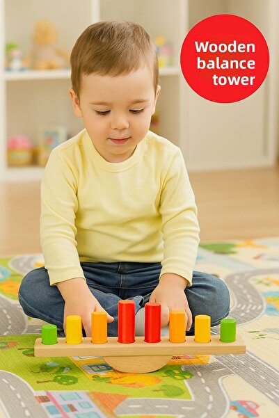 TOYFEST Wooden Balance Tower – Educational Motor Skill and Coordination Game with Colored Cylinders