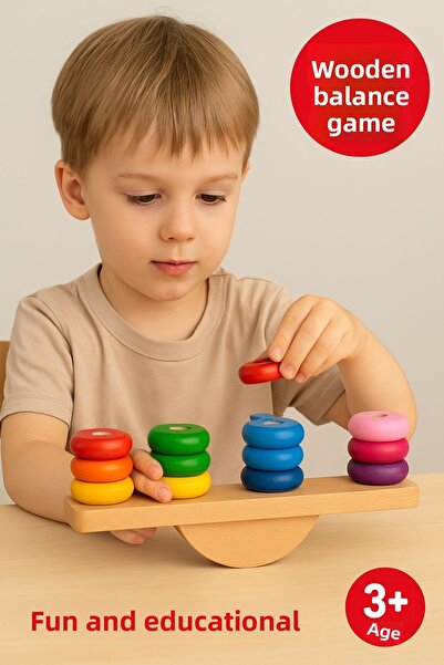 TOYFEST Wooden Balance Game – Educational Motor Skill and Coordination Developer with Colored Rings