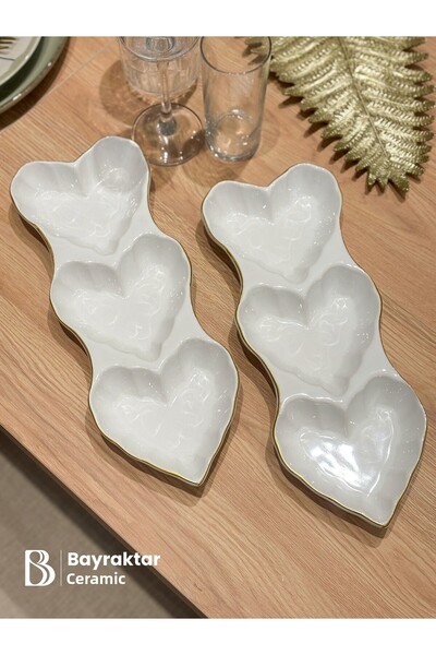 Bayraktar Seramik Gilded 3-Piece Heart-Shaped Snack Bowl 31 X 11.5 X 3 cm