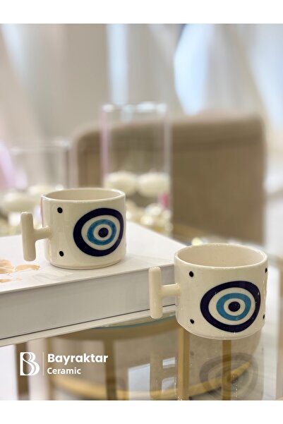 Bayraktar Seramik Set of 2 Evil Eye Patterned Coffee Cups 175 ml