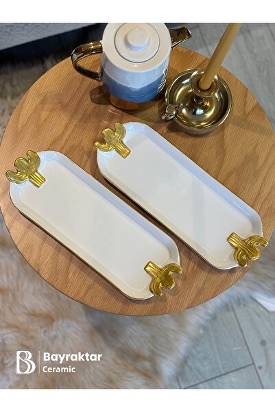 Bayraktar Seramik Gilded Set of 2 Cactus Patterned Presentation Plates 35 X 12 X 2.5 cm