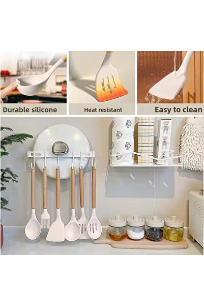 Polham Professional Full Set 33 Pieces Bpa Free Silicone Kitchen Serving Set with Wooden Handle, Serving and Kev