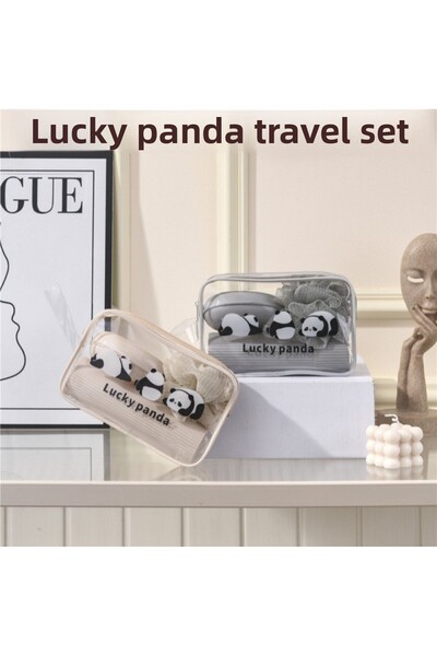 ARVALE Lucky Panda Travel Set | Shower Loofah, Soap Dish, Comb with Transparent Organizer Bag