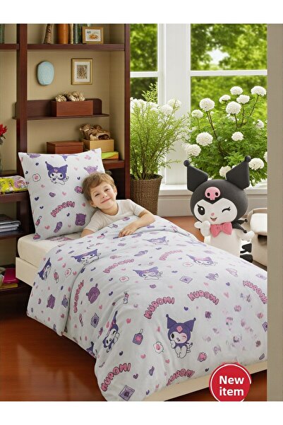 kuromi طقم غطاء لحاف مرخص - مقاس فردي (غطاء لحاف واحد + غطاء وسادة) Kawaii Pu...
