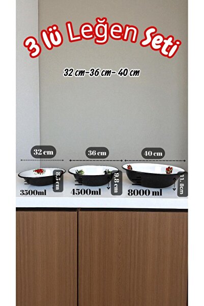 İnci Emaye 32 Cm-36 Cm-40 cm 3-Piece Enamel Basin Whisk and Mixing Bowl, Dough Basin, Fruit Bowl, Dowry, Gift,