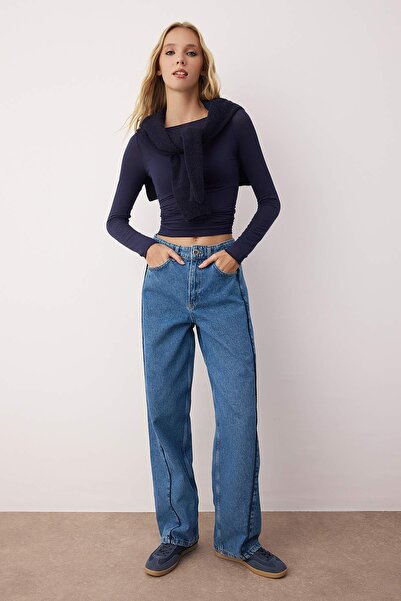 Trendyol Collection Modré Baggy Jeans s vysokým pasem a detailem prošívání TWOAW26JE00139