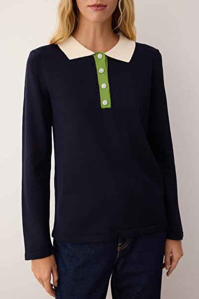 Trendyol Collection Navy Blue Polo Collar Button Detailed Sweater Sweater Twoaw26Kz00196