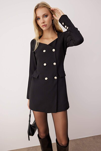 Trendyol Collection Μαύρο Premium Κουμπιά Υφαντό Μπουφάν Φόρεμα TWOAW26EL00082
