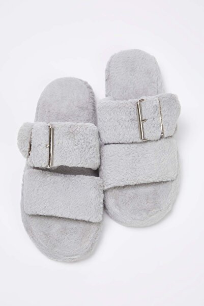 TRENDYOL SHOES Gray Double Band Detailed Plush Women's House Slippers Takaw26Er00012