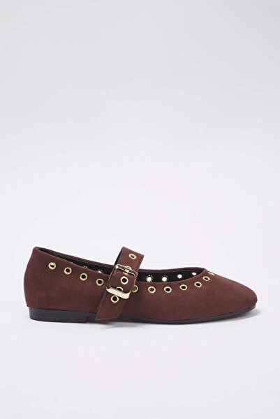 TRENDYOL SHOES Brown Suede Eyelet Detailed Buckle Almond Toe Women's Ballerinas Takss25Be00039