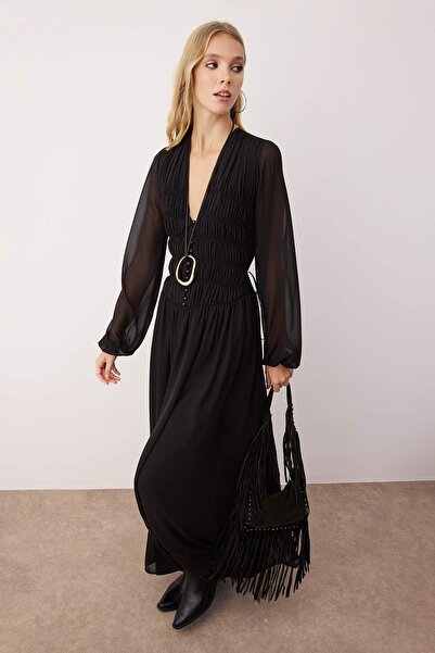 Trendyol Collection Black Shirring Detailed V-Neck Maxi Lined Chiffon Woven Dress Twoaw26El00318