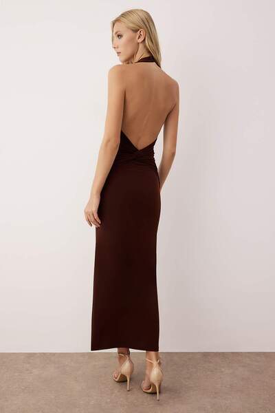 Trendyol Collection Brown Straight Gather / Drape Midi Twist Detail Stretchy Knitted Dress Twoss25El00676