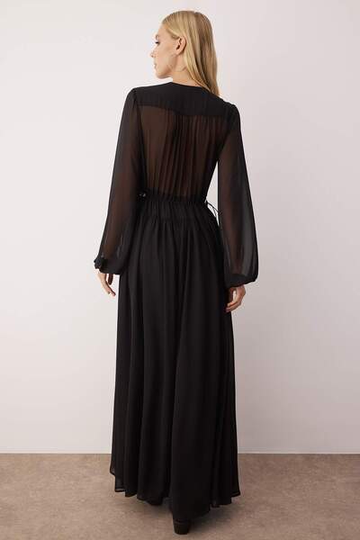 Trendyol Collection Black Shirring Detailed V-Neck Maxi Lined Chiffon Woven Dress Twoaw26El00318
