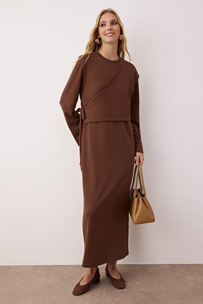 Trendyol Modest Dark Brown Soft Knitted Sweater Suit Knitted Dress Tctaw26Eb00029