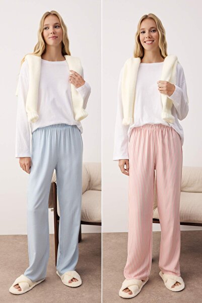 Trendyol Collection Ροζ-Μπλε Πακέτο 2 τεμαχίων Πιτζάμες με καρό και ριγέ υφαντό κάτω μέρος THMAW24PJ00010