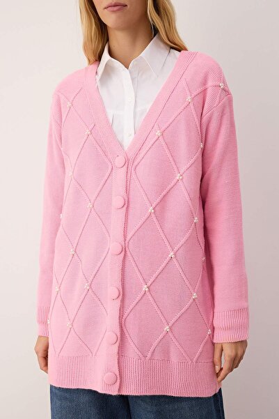Trendyol Modest Rózsaszín gyöngy részletekkel díszített, gombos kötöttáru kardigán TCTAW26US00031
