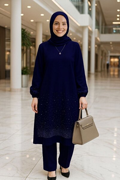 Mercan Merve Takim Navy Blue Stone Detailed Hijab Suit Crepe Fabric
