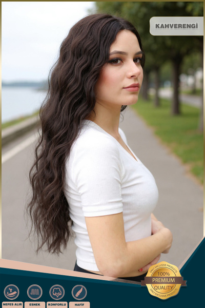 KONAK PERUK Kabarık Dalgalı Uzun Fiber Sentetik Peruk - Kahverengi