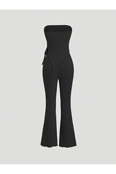 Marin Star Fekete rugalmas Lycra aszimmetrikus pánt nélküli öltöny - oldalsó összegyűjtött