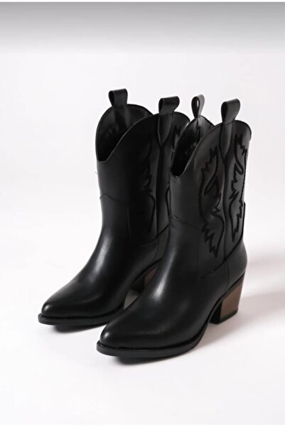 BARAZİ MODA Siyah Cilt Nakışlı Western Kadın Kovboy Çizme